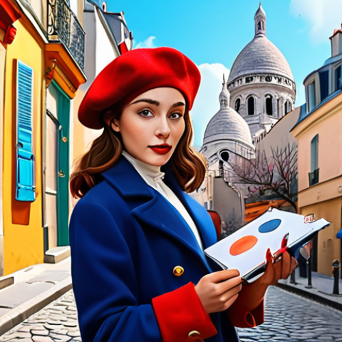Home 15 **Prompt:** Fashionable Parisian woman character concept art, chic beret, expressive, holding a sketchpad, Montmartre background, vibrant colors, digital painting.