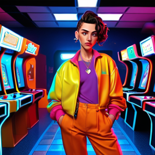 Home 7 **
Prompt: Androgynous cartoon character with bright, 90s-inspired clothing, vibrant colors, and exaggerated features. The character should have a fluid identity, blending masculine and feminine traits. Background: A retro arcade with neon lights.
**