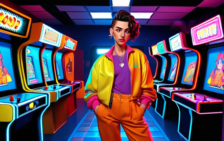 **
Prompt: Androgynous cartoon character with bright, 90s-inspired clothing, vibrant colors, and exaggerated features. The character should have a fluid identity, blending masculine and feminine traits. Background: A retro arcade with neon lights.
**