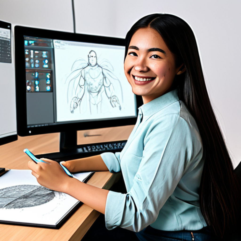 Character Designer at Work**

"A professional character designer, fully clothed in a modest casual outfit, sitting at a digital drawing tablet in a bright studio filled with concept art and sketches. She is smiling slightly, looking at the screen with concentration. Several monitors display character designs in various stages of completion. Background includes reference books and art supplies. Safe for work, appropriate content, perfect anatomy, natural pose, well-formed hands, proper finger count, family-friendly, high quality, professional lighting, showcasing the creative process."

**