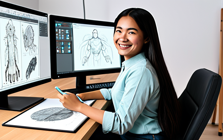 Character Designer at Work**

"A professional character designer, fully clothed in a modest casual outfit, sitting at a digital drawing tablet in a bright studio filled with concept art and sketches. She is smiling slightly, looking at the screen with concentration. Several monitors display character designs in various stages of completion. Background includes reference books and art supplies. Safe for work, appropriate content, perfect anatomy, natural pose, well-formed hands, proper finger count, family-friendly, high quality, professional lighting, showcasing the creative process."

**
