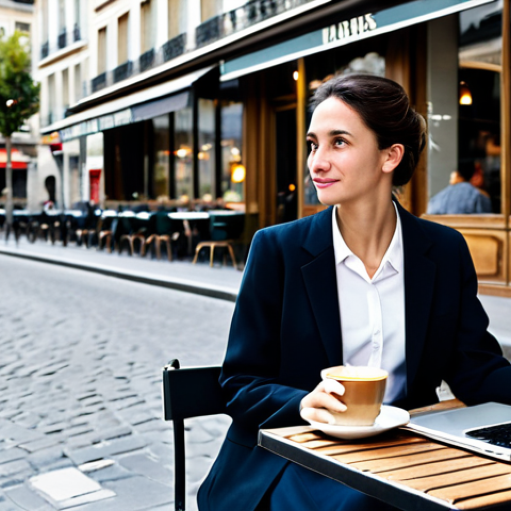 Professional Businesswoman**

"A professional businesswoman in a modest business suit (skirt and jacket combination), sitting at a Parisian cafe, laptop open on the table, sipping coffee. Background shows typical Parisian street scene with Haussmann buildings. Fully clothed, appropriate attire, safe for work, perfect anatomy, natural proportions, professional photography, high quality, family-friendly."

**