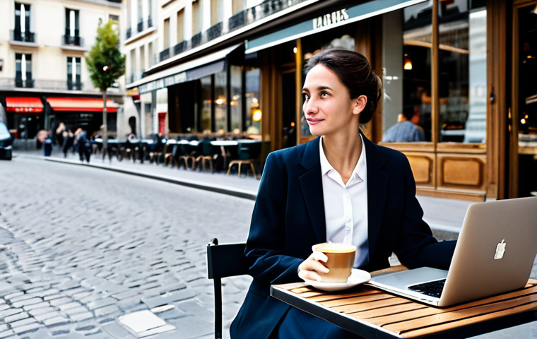 Professional Businesswoman**

"A professional businesswoman in a modest business suit (skirt and jacket combination), sitting at a Parisian cafe, laptop open on the table, sipping coffee. Background shows typical Parisian street scene with Haussmann buildings. Fully clothed, appropriate attire, safe for work, perfect anatomy, natural proportions, professional photography, high quality, family-friendly."

**
