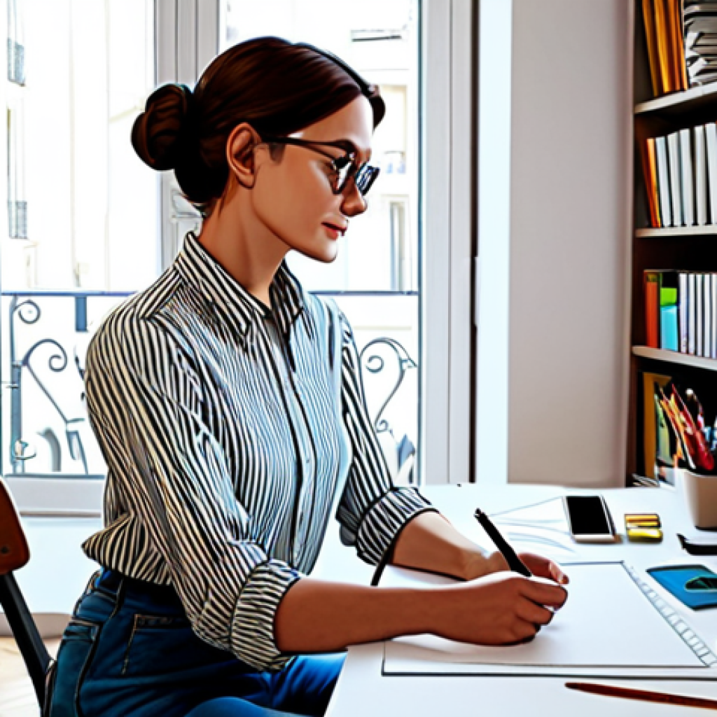 Freelance Character Designer at Work**

"A freelance character designer, fully clothed in a stylish and modest outfit (e.g., a chic blouse and jeans), working at a bright desk in a Parisian apartment studio, surrounded by art supplies and digital drawing tablets, safe for work, appropriate content, perfect anatomy, natural proportions, professional lighting, family-friendly, illustration style inspired by French comics (bande dessinée)."

**