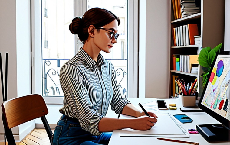 Freelance Character Designer at Work**

"A freelance character designer, fully clothed in a stylish and modest outfit (e.g., a chic blouse and jeans), working at a bright desk in a Parisian apartment studio, surrounded by art supplies and digital drawing tablets, safe for work, appropriate content, perfect anatomy, natural proportions, professional lighting, family-friendly, illustration style inspired by French comics (bande dessinée)."

**