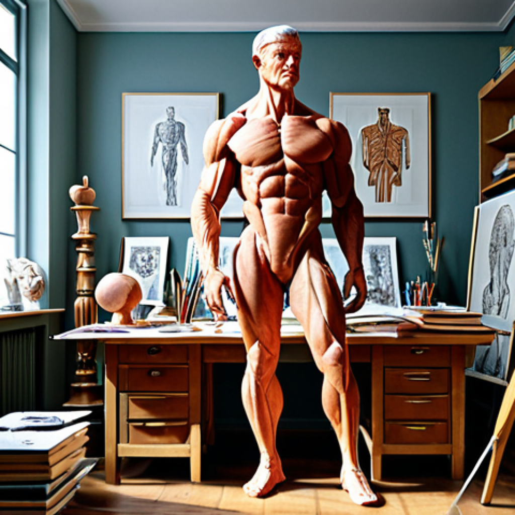 Anatomical Study - The Artist's Atelier**

"An artist in a brightly lit atelier, surrounded by anatomical drawings and sculptures, fully clothed, appropriate attire, safe for work, perfect anatomy, correct proportions, natural pose, focused on sketching a muscular figure. Books on anatomy are scattered around, alongside tools like calipers and pencils. Detailed rendering, academic style, high quality."

**