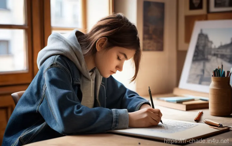 캐릭터 디자인 입시 전략 - **Prompt:** "A young, aspiring female character designer, aged 19, with a thoughtful expression and ...