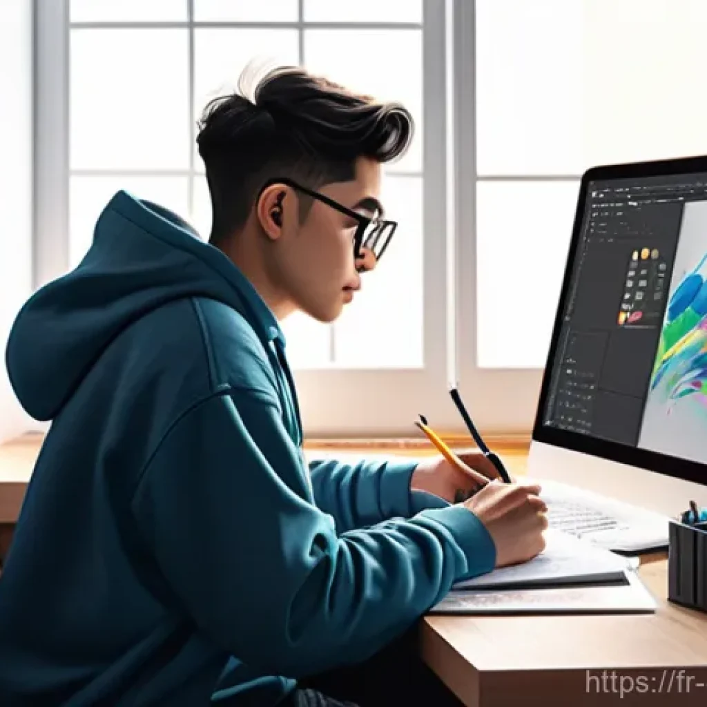 캐릭터 디자인 포트폴리오 웹사이트 제작 - **Prompt:** A highly detailed illustration of a modern character designer, mid-20s, with a stylish y...