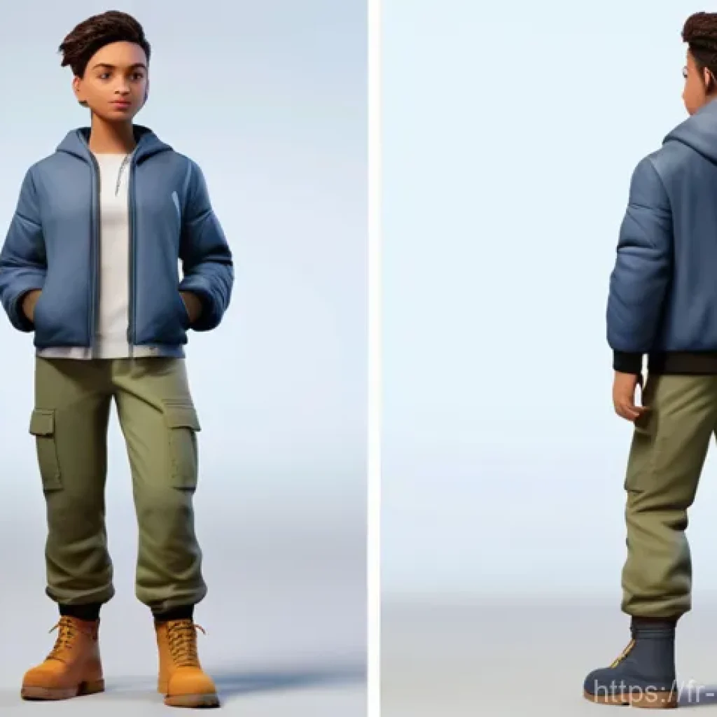 캐릭터 디자인 팀 리더 인터뷰 - A thoughtfully designed 3D character of a non-binary young adult, standing in a dynamic pose, dresse...
