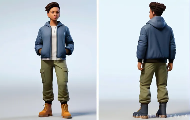 캐릭터 디자인 팀 리더 인터뷰 - A thoughtfully designed 3D character of a non-binary young adult, standing in a dynamic pose, dresse...