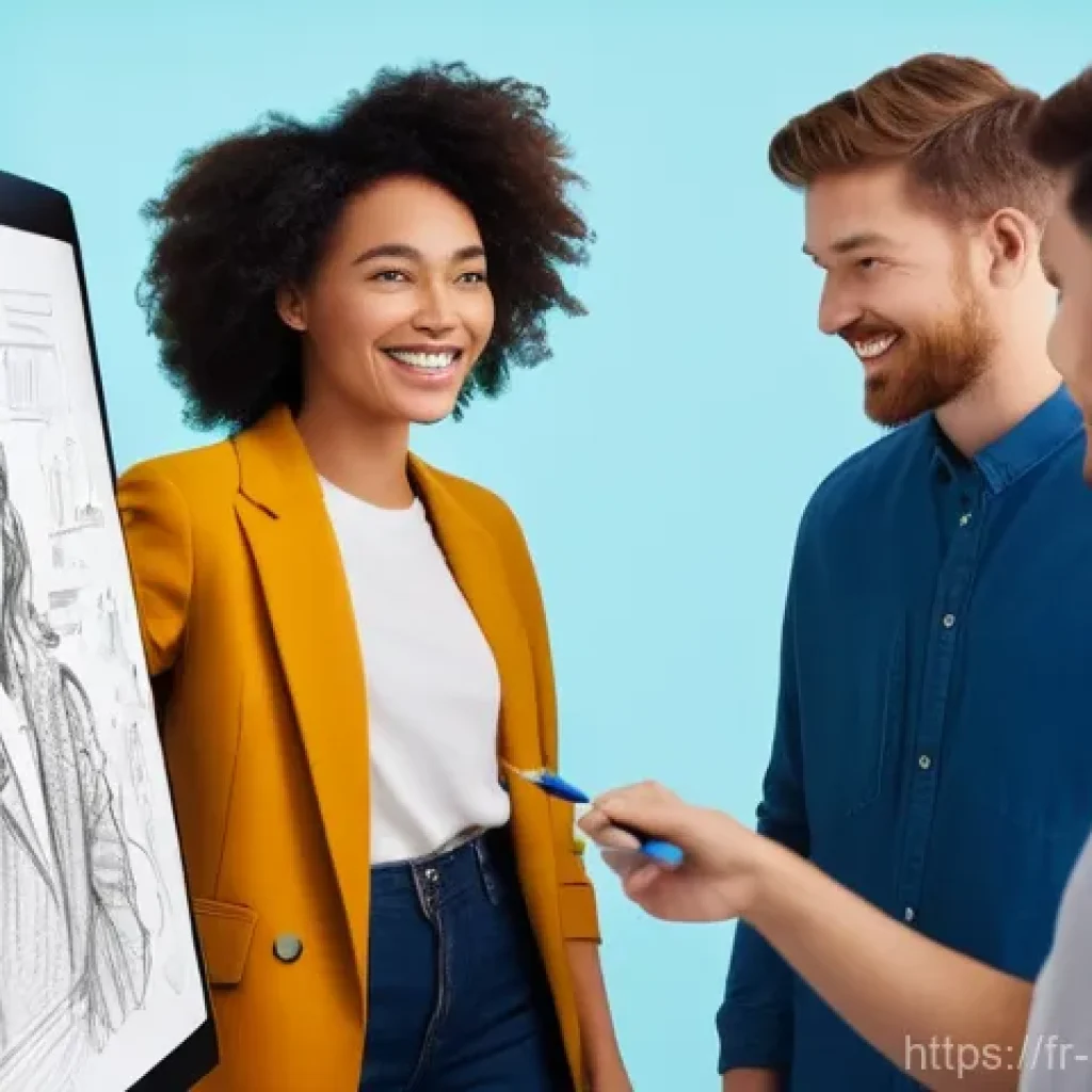 캐릭터 디자인 팀과 협업하는 법 - **A vibrant, diverse team of young adult character designers** are gathered around a large interacti...