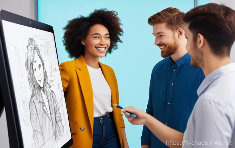 캐릭터 디자인 팀과 협업하는 법 - **A vibrant, diverse team of young adult character designers** are gathered around a large interacti...