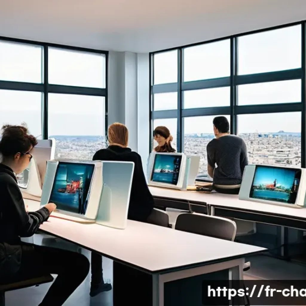 캐릭터 디자인 실습과 교육의 상호 작용 - **Prompt:** A vibrant, futuristic French design school studio filled with diverse, casually dressed ...