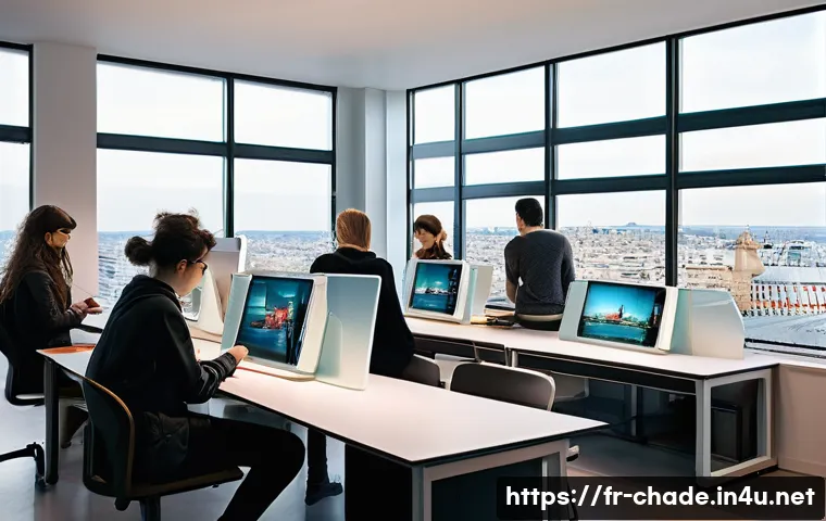 캐릭터 디자인 실습과 교육의 상호 작용 - **Prompt:** A vibrant, futuristic French design school studio filled with diverse, casually dressed ...