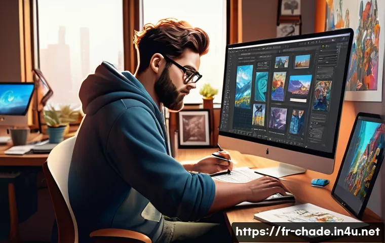 캐릭터 디자인의 글로벌 취업 성공 사례 - A highly detailed digital painting of an international character designer’s workspace, featuring a d...