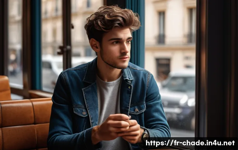 캐릭터 디자인에 적합한 성격 유형 - A French protagonist in a modern Parisian café, a young adult male with a conflicted expression show...