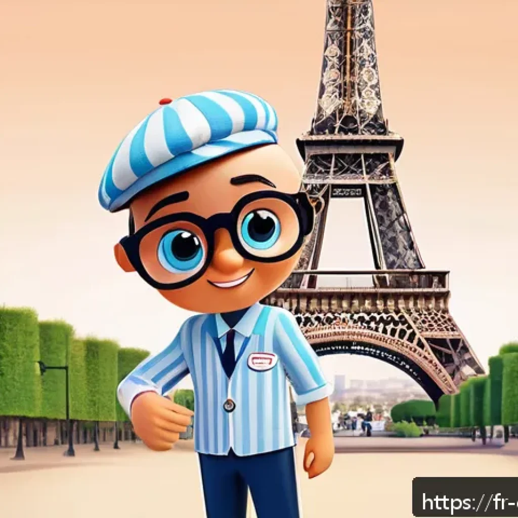 캐릭터 디자인의 상업적 활용과 비전 - A friendly, approachable French marketing mascot character designed in a hybrid 2D and 3D style, wea...