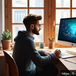 Home 21 캐릭터 디자인 비즈니스 모델 - A confident freelance character designer in a cozy, modern home studio filled with digital drawing t...