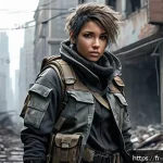 Home 19 캐릭터 디자인 자격 시험 난이도 분석 - A futuristic post-apocalyptic female character design wearing rugged yet stylish urban survival gear...