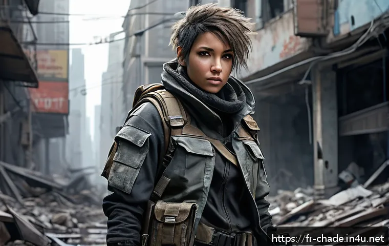 캐릭터 디자인 자격 시험 난이도 분석 - A futuristic post-apocalyptic female character design wearing rugged yet stylish urban survival gear...