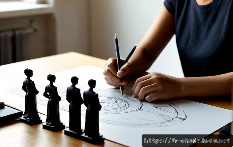 Home 30 캐릭터 디자인의 철학적 요소와 트렌드 - Photorealistic French character designer in a bright Paris studio, thoughtfully arranging diverse ha...