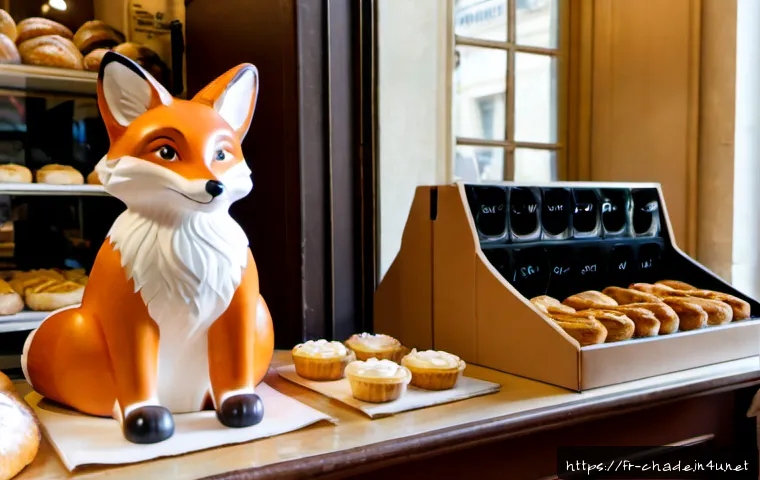 Home 17 캐릭터 디자인의 실질적 활용과 응용 - Photorealistic French artisan bakery counter in Paris, featuring a friendly original fox character i...