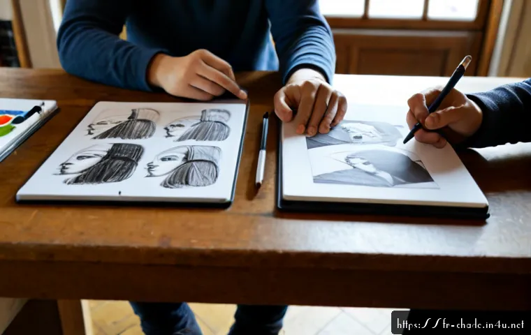 캐릭터 디자인 스터디 그룹 운영법 - Photorealistic Paris creative studio, a diverse small character design study group seated around a l...