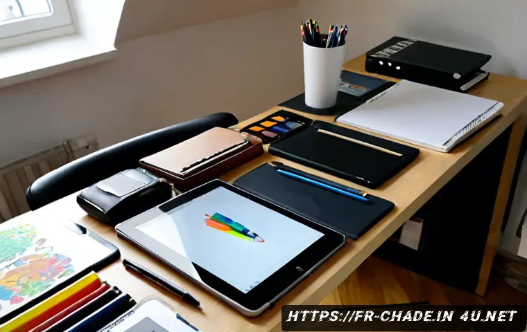 캐릭터 디자인에 필요한 장비 소개 - Photorealistic overhead view of a professional character designer’s workspace in a bright Paris apar...