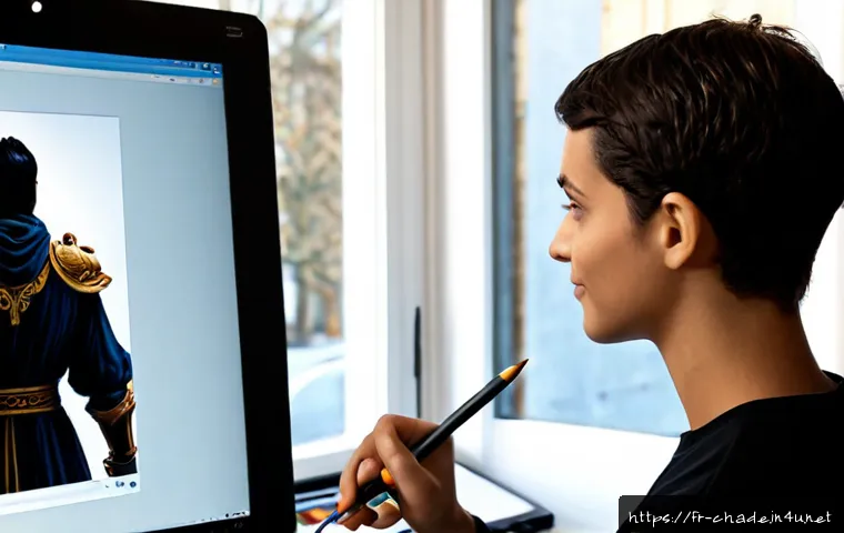 캐릭터 디자인의 디지털 툴 활용 사례 - Photorealistic over-the-shoulder view of a French character designer in a bright Paris studio, using...