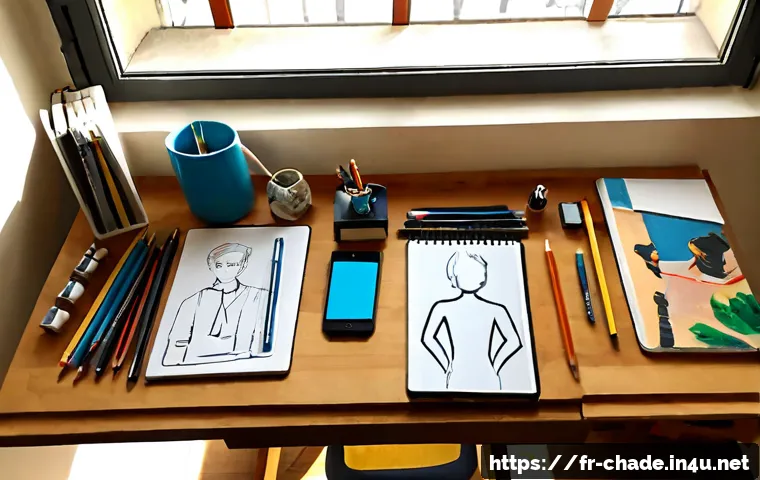 캐릭터 디자인 학습 루트 - Photorealistic overhead view of a French character design student’s organized workspace in a sunlit ...